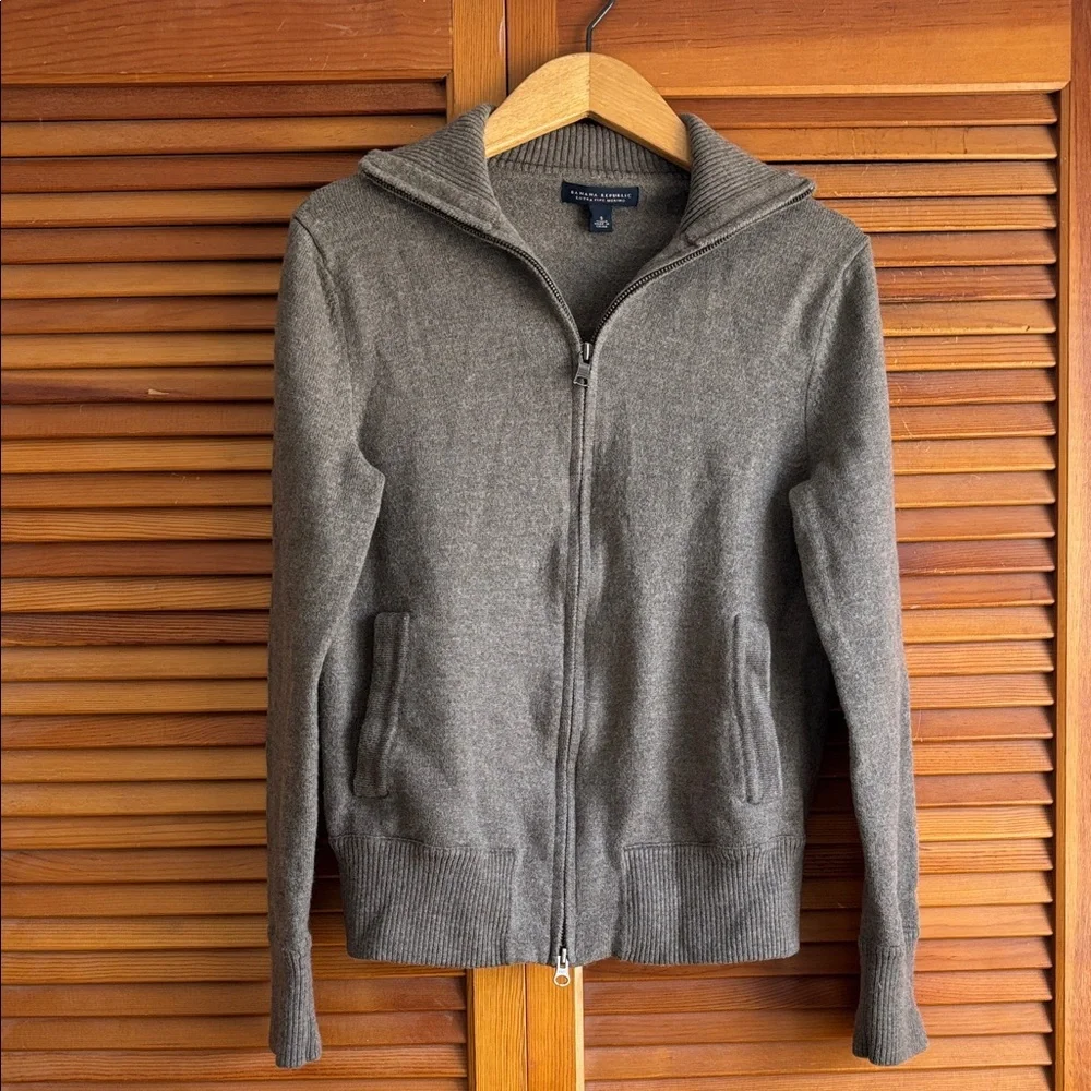 Banana Republic Modern Tipped Standing Collar Merino Wool Full‎ Zip Up Sweater S